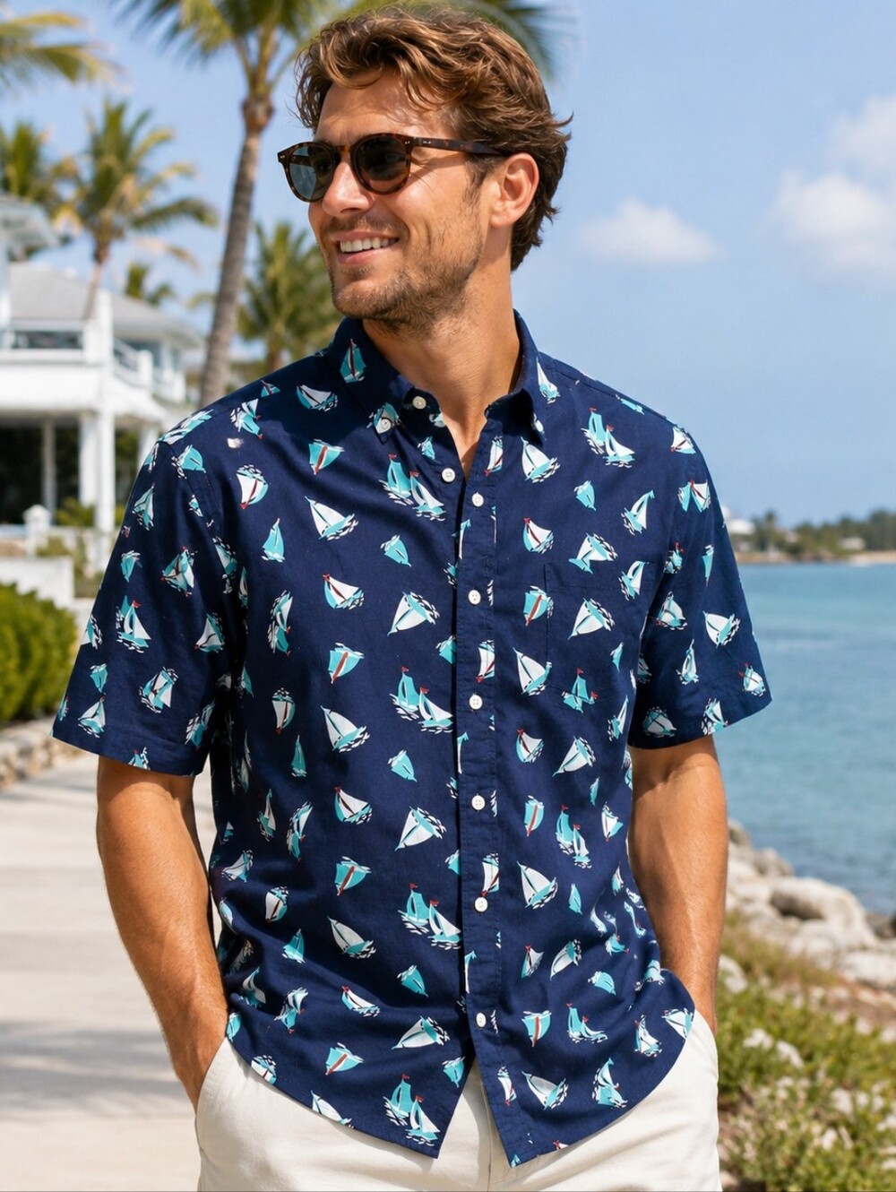 Chaps Nautical Sailboat Print Button Up Shirt XL Coastal Beachy Navy Blue